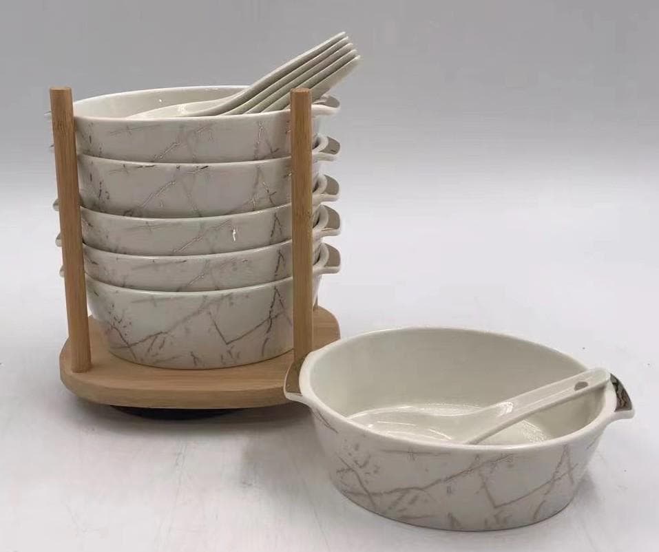 6-Piece Marble-Effect Ceramic Soup Bowl Set with Spoons on Bamboo Stand