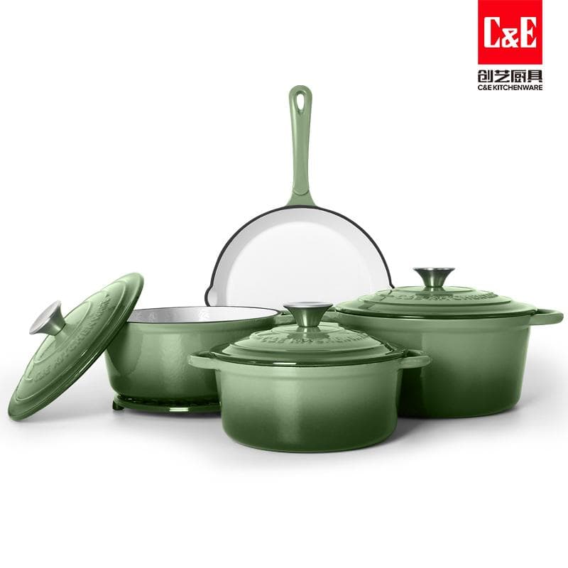 8pc Enamel Cast Iron Cookware Set, 20/22/24cm Casseroles and 25cm Frying Pan 3