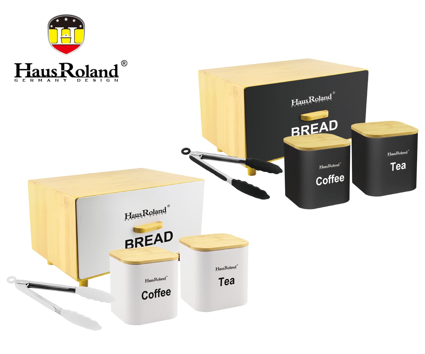 HausRoland HR407-1 Steel Bread Bin with Bamboo Lid, Two Canisters and Tongs