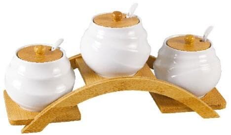 3-Piece Ceramic Spice Pot Set with Bamboo Lids and Spoons on Arched Stand