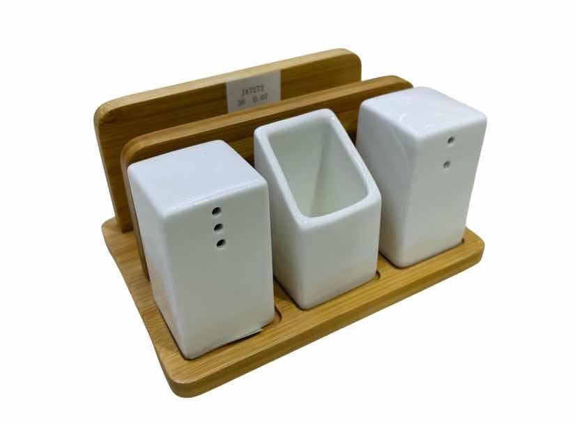 Ceramic Salt and Pepper Shaker Set with Napkin Holder on Bamboo Stand