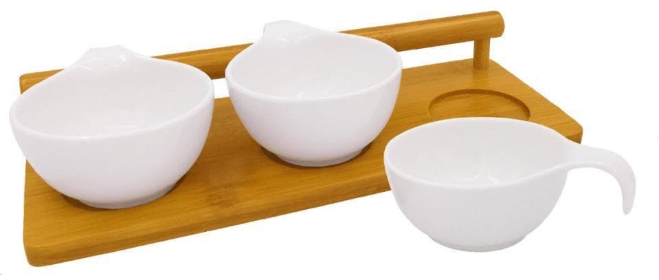 3-Piece Ceramic Bowl and Jug Set on Handled Bamboo Tray