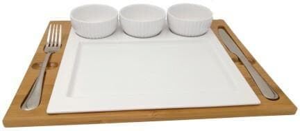 Ceramic Serving Platter with Three Ribbed Bowls, Fork and Knife on Bamboo Tray