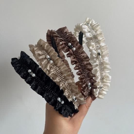 Ruffled Pearl Headband, Black, Brown and Cream