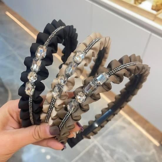 Pleated Crystal Headband, Black and Taupe