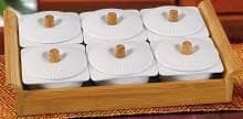 6-Piece Lidded Ceramic Dish Set with Bamboo Knobs on Bamboo Tray