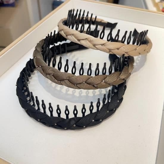 Braided Headband with Comb Teeth, Tan and Black Trio