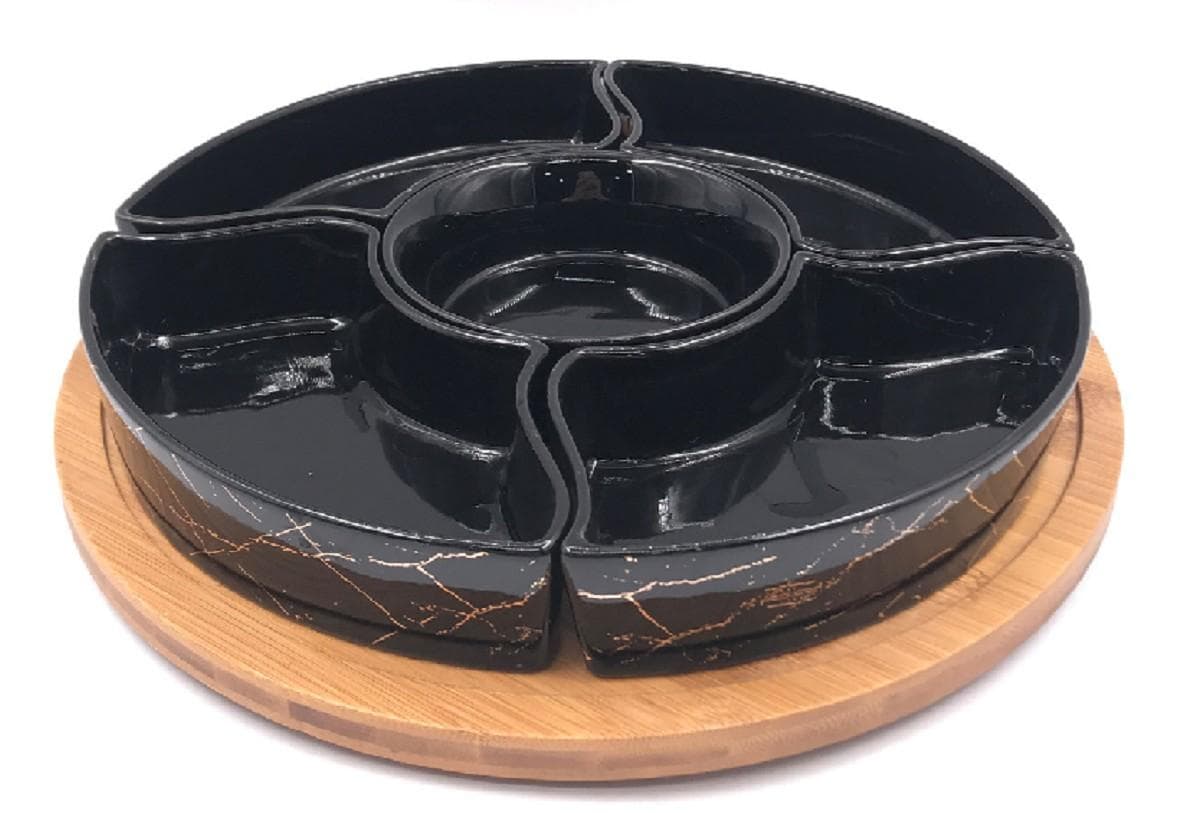 Black Marble-Effect Divided Ceramic Serving Platter on Round Bamboo Base