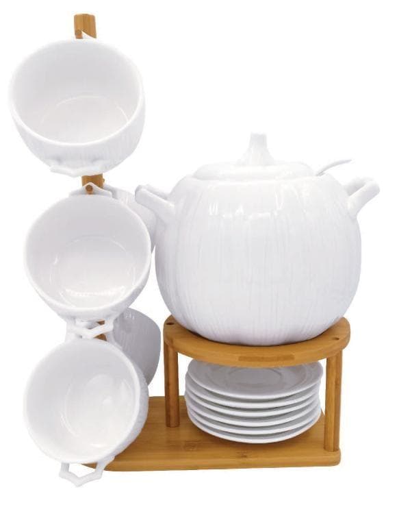Ceramic Teapot with Soup Bowls and Plates on Bamboo Stand
