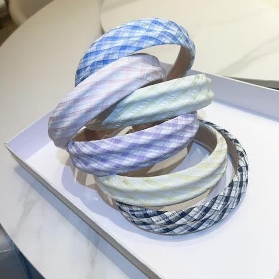 Padded Gingham Headband, Blue and Cream