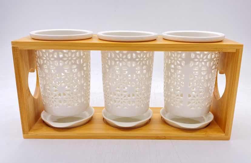 3-Piece Pierced Ceramic Cutlery Drainer Set on Bamboo Crate Stand