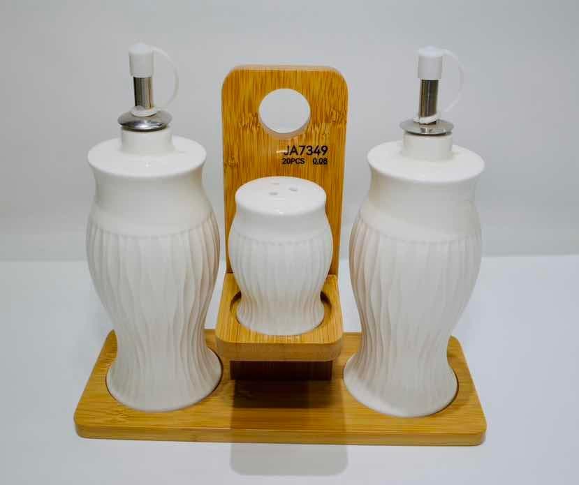 Ribbed Ceramic Oil and Vinegar Set with Shaker on Bamboo Stand