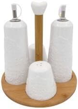Tall Ceramic Oil and Vinegar Set with Shaker on Round Bamboo Stand