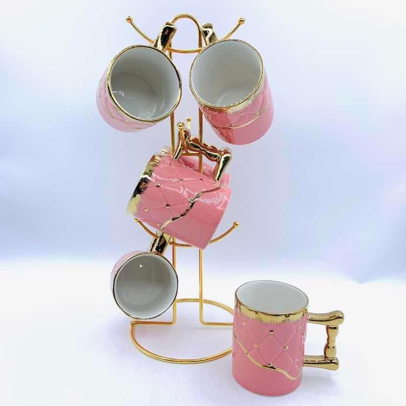 6-Piece Gold-Rimmed Ceramic Mug Set on Gold Metal Mug Tree, Pink