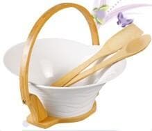 Ceramic Salad Bowl in Bamboo Basket Frame with Wooden Servers