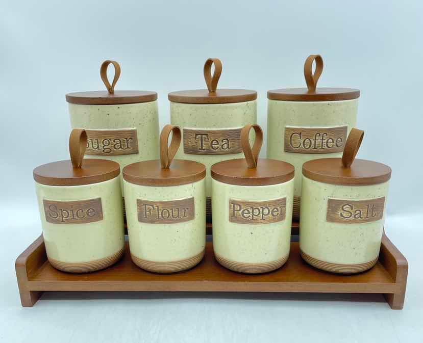 7-Piece Rustic Ceramic Canister and Spice Set with Wooden Lids on Bamboo Tray, Yellow