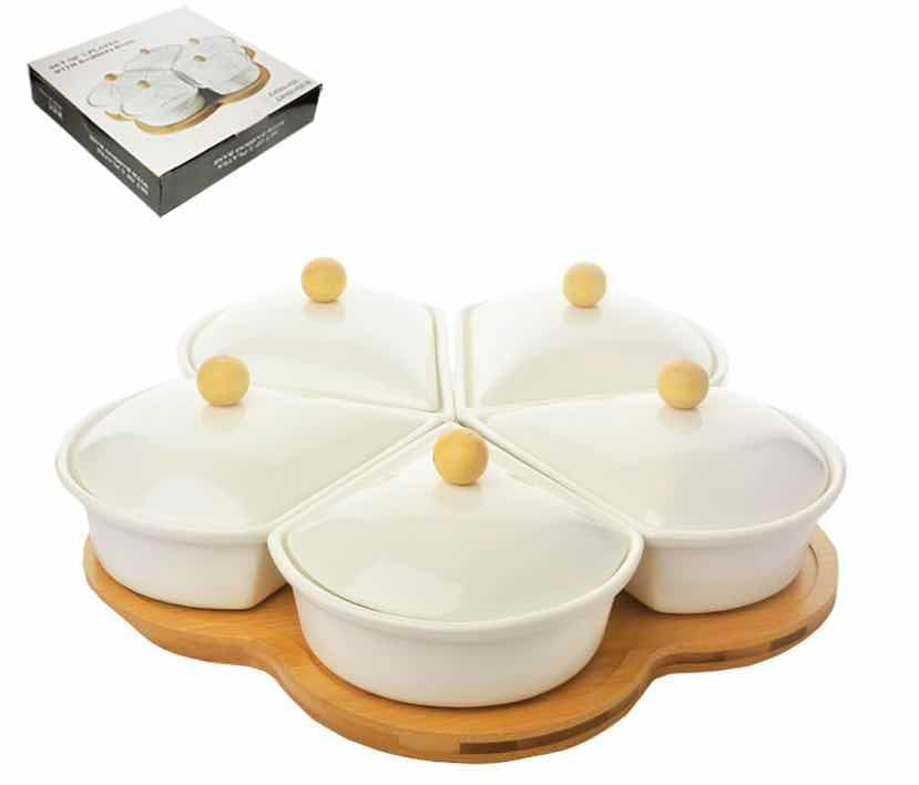 5-Section Ceramic Serving Set with Bamboo Lids on Clover Base