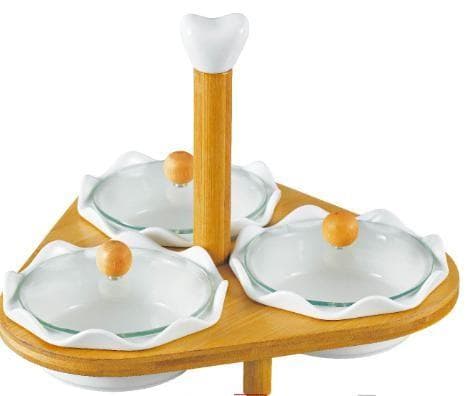 4-Piece Flower-Shaped Ceramic Dip Bowl Set on Bamboo Stand with Centre Handle