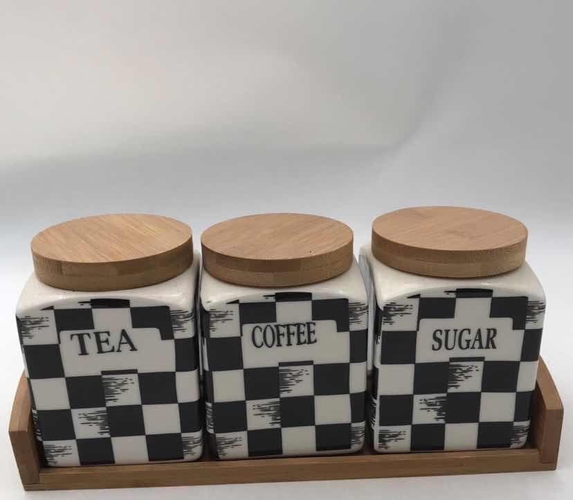 3-Piece Square Chequerboard Ceramic Canister Set with Bamboo Lids on Bamboo Tray
