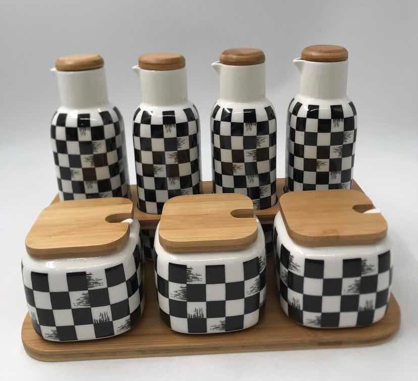 Chequerboard Ceramic Oil, Vinegar and Condiment Jar Set on Bamboo Tray