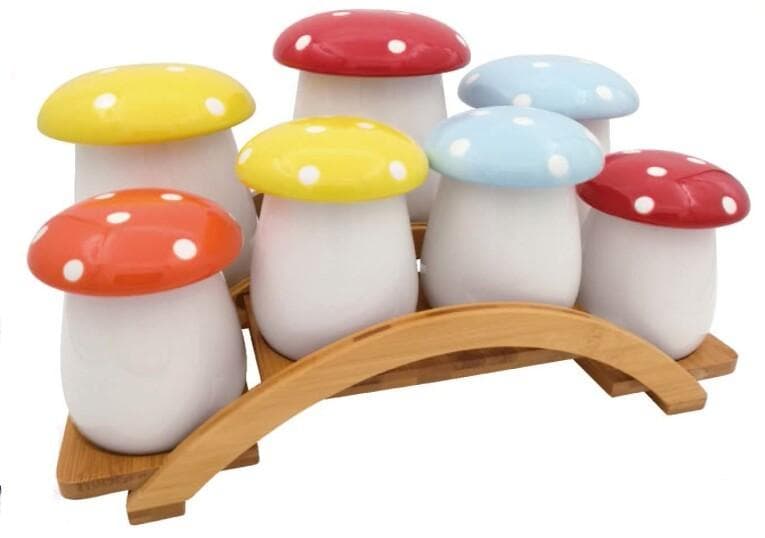 6-Piece Mushroom-Shaped Ceramic Storage Jar Set on Arched Bamboo Stand