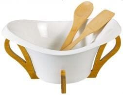 Ceramic Salad Bowl with Bamboo Servers on Curved Cradle