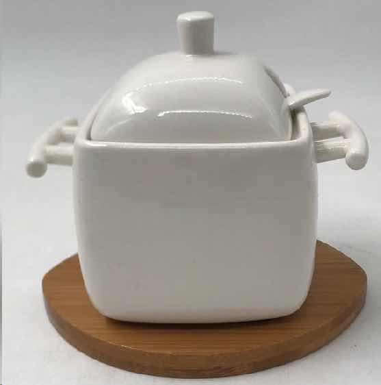 Square Ceramic Sugar Pot with Lid and Spoon on Round Bamboo Coaster, Small