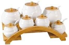 6-Piece Embossed Ceramic Spice Pot Set with Spoons on Arched Bamboo Stand