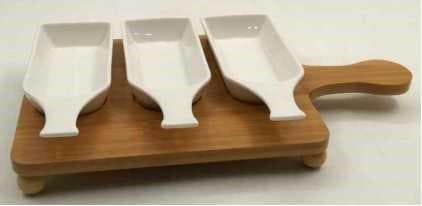 3-Piece Ceramic Snack Dish Set on Bamboo Paddle Board