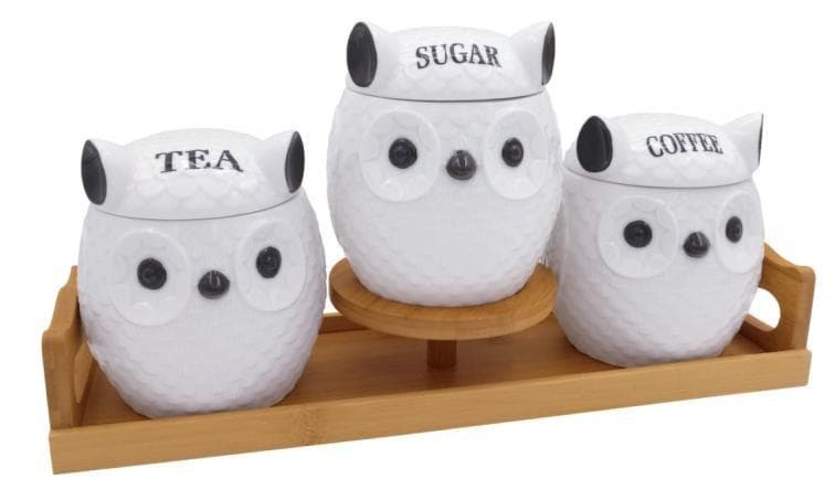 3-Piece Owl-Shaped Ceramic Canister Set Labelled Tea, Sugar and Coffee on Bamboo Tray
