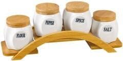 4-Piece Labelled Ceramic Spice Canister Set on Arched Bamboo Stand