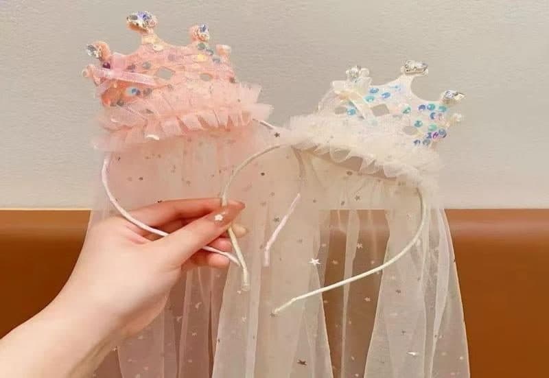 Lace Crown Headband with Veil, Pink and White