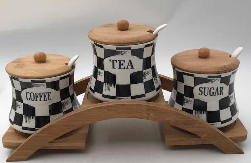 3-Piece Graduated Chequerboard Ceramic Condiment Jar Set with Spoons on Arched Bamboo Stand