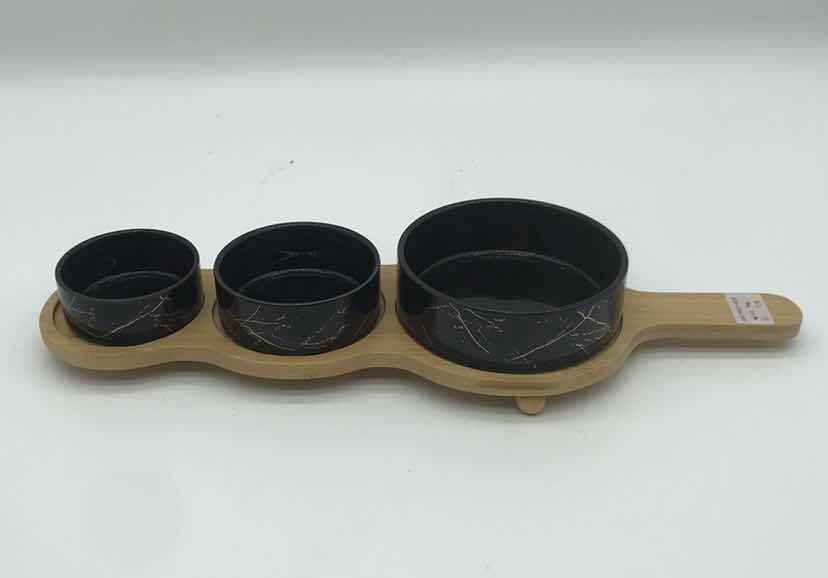 3-Piece Black Marble-Effect Ceramic Dip Bowl Set on Bamboo Paddle Board