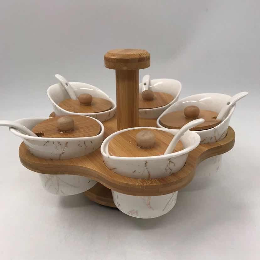 5-Piece Marble-Effect Ceramic Condiment Jar Set with Spoons on Rotating Bamboo Base with Handle