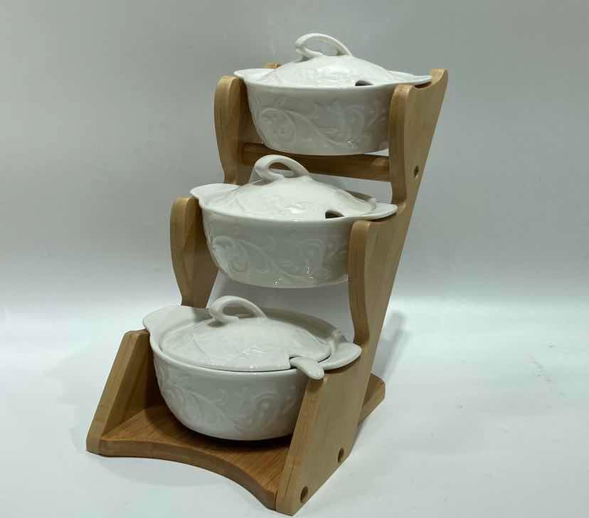 3-Tier Embossed Ceramic Spice Pot Set on Bamboo Stand