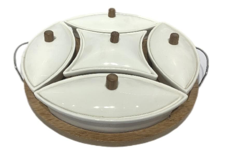 4-Section Ceramic Serving Dish with Bamboo Knobs in Wire Frame