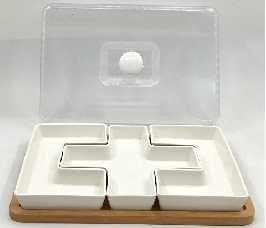5-Piece Ceramic Serving Dish Set on Bamboo Tray with Acrylic Lid