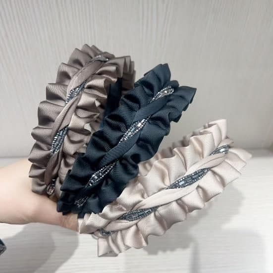 Pleated Ruffle Headband with Rhinestone Braid, Cream and Black