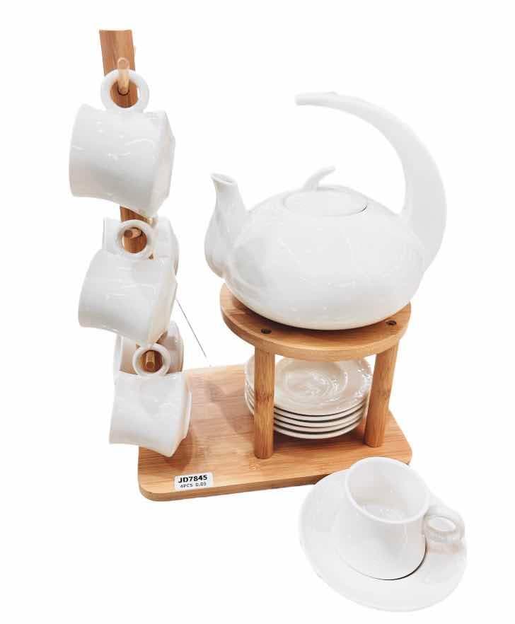 Ceramic Teapot with Warmer Stand, Cups and Saucers on Bamboo Rack