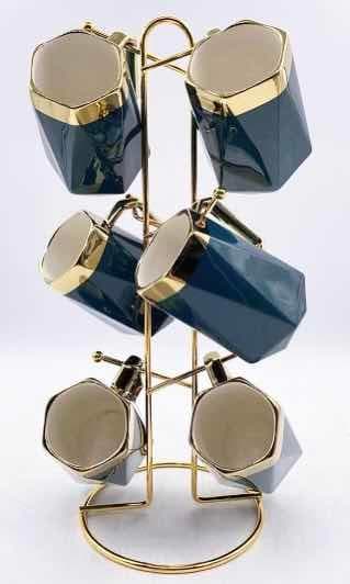 6-Piece Gold-Rimmed Geometric Ceramic Mug Set on Gold Metal Mug Tree, Dark Green