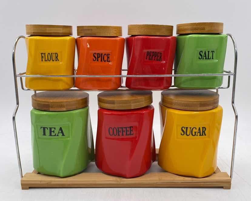 7-Piece Coloured Ceramic Canister and Spice Set on Two-Tier Bamboo and Metal Rack