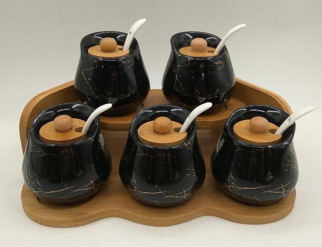 6-Piece Black Marble-Effect Ceramic Condiment Jar Set with Spoons on Bamboo Tray