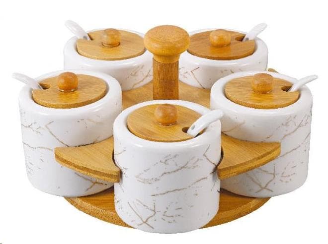 5-Piece Marble-Effect Ceramic Condiment Jar Set with Spoons on Rotating Bamboo Base