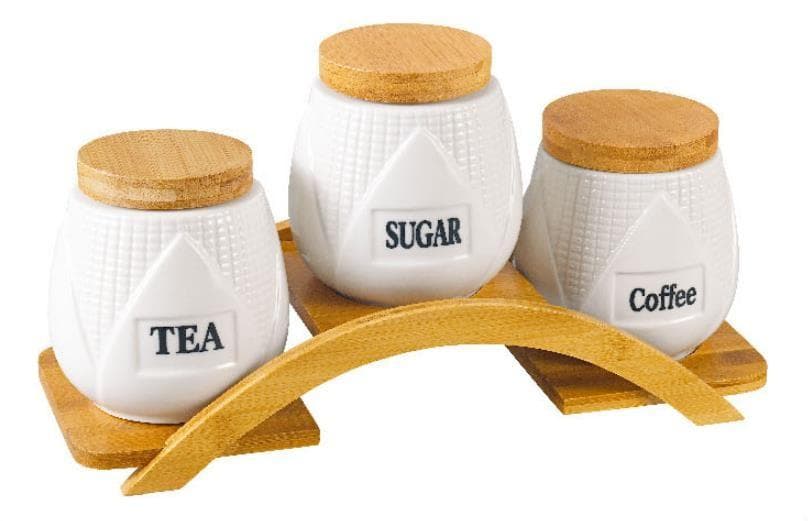3-Piece Ceramic Canister Set with Bamboo Lids on Arched Bamboo Stand
