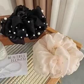 Pearl Studded Black and Cream Organza Ruffle Claw Clip