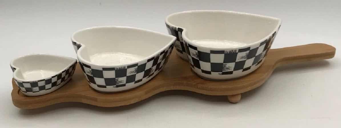 3-Piece Chequerboard Teardrop Ceramic Dip Bowl Set on Bamboo Paddle Board