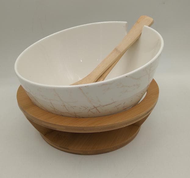 Marble-Effect Ceramic Salad Bowl with Bamboo Server and Base