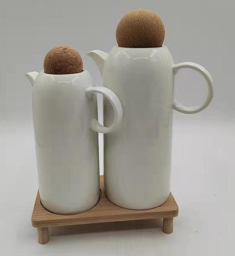 Ceramic Oil and Vinegar Pourer Set with Cork Stoppers on Bamboo Stand