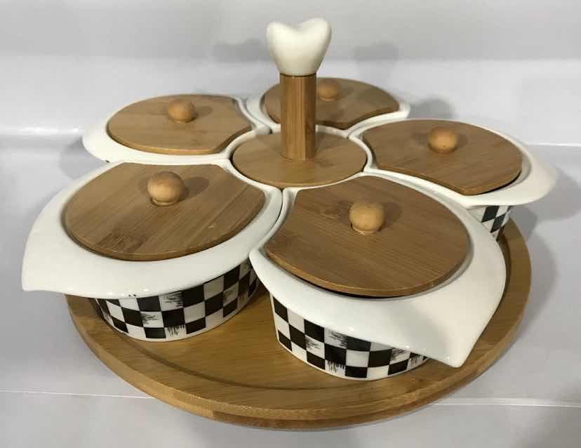 5-Piece Chequerboard Lidded Ceramic Dish Set on Rotating Bamboo Base with Handle